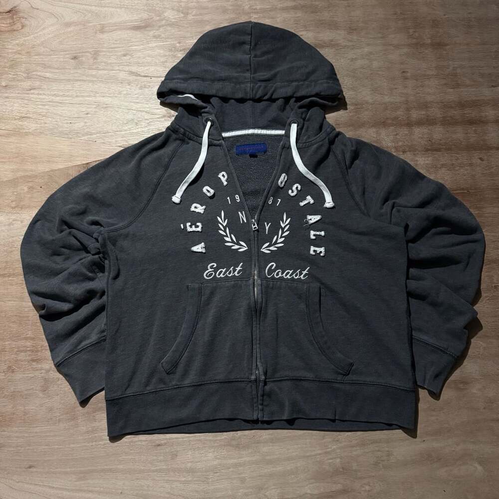 Aeropostale Women's XL East Coast 1987 Zip Up Hoodie Gray Y2K Style